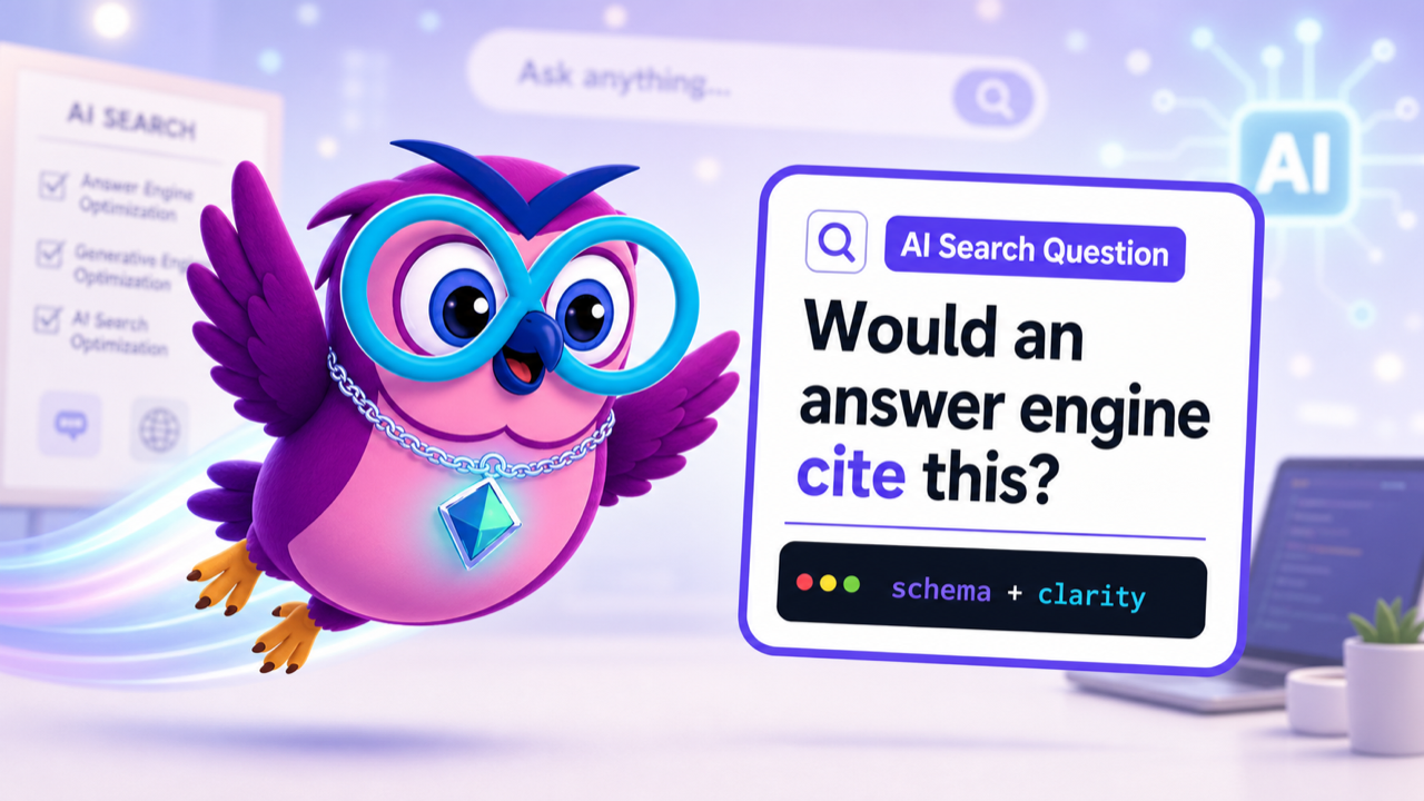 AEO, GEO & AI Search Optimization question illustration with the zero2hero owl mascot