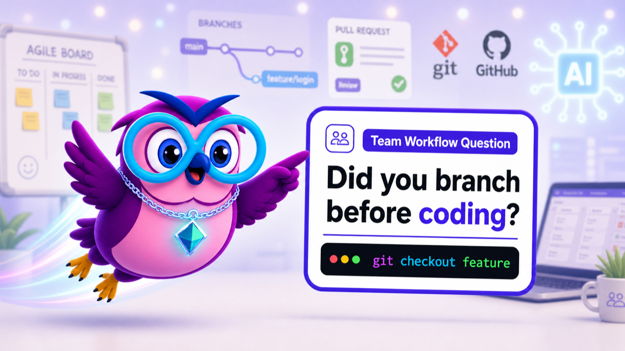 Git, GitHub, Jira & Agile Starter Pack question illustration with the zero2hero owl mascot